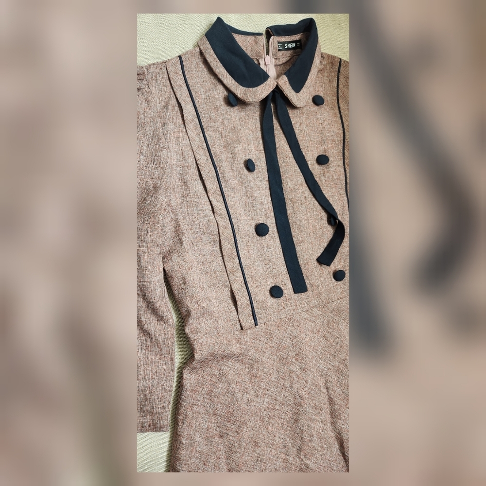 NEW:Tie Neck Contrast Piping Double Breasted Dress.